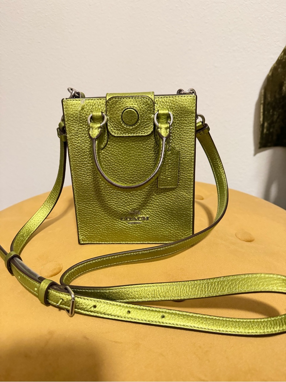 Coach Metallic Lime Green Mini Tote Crossbody